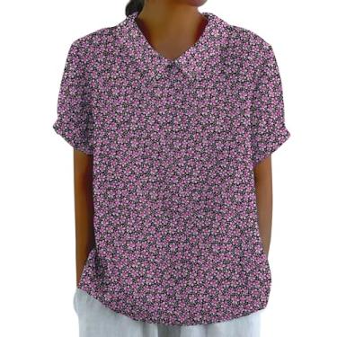 Imagem de Camisetas femininas de linho com estampa floral gola redonda camisetas de verão manga curta casual solta túnica elegante estampa vintage, Roxa, M