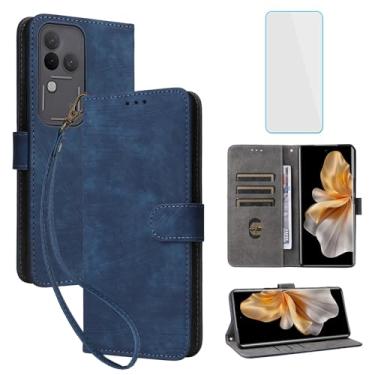 Imagem de IUQXU Capa carteira para celular VIVO V30 Pro 5G com protetor de tela [bloqueio RFID] couro flip suporte para cartão alça de pulso mulheres homens capa de celular para VIVO V30Pro V 30 Pro 5G azul