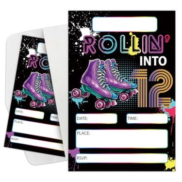 Imagem de Lhbfsaz Convites de festa de aniversário com tema de skate de 12 anos, 15 convites com envelopes, cartões de celebração de festa de adolescente, cartões de celebração de festa de patins, convites