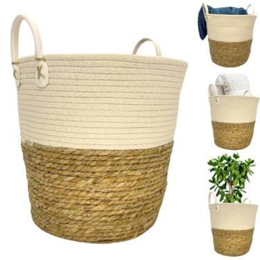 Imagem de Cesto de Palha Fibra Natural Seagrass Redondo Minimalista Boho Cachepot Plantas Decorativo Organizador Com Alça (Médio 29x37cm)