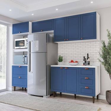 Imagem de Cozinha Pérola 4 Peças Torre Quente Basculante Aéreo 3 Portas e Balcão 2 Gavetas 3 Portas com Tampo Branco/Azul