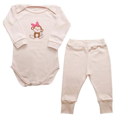 Imagem de Conjunto Body Manga Longa Bebê Macaquinha Laço Rosa + Calça - Generic,
