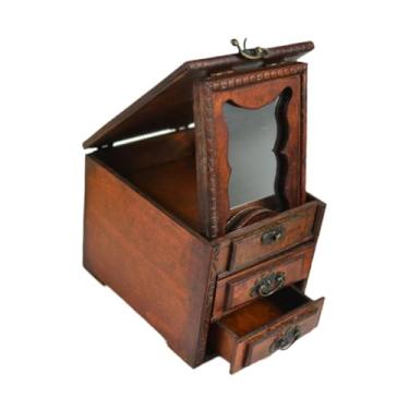 Imagem de YIJU Caixa de joias de madeira Caixa de joias Caixa de bugigangas rústica Caixa de armazenamento de joias multifuncional com espelho para pente Brincos