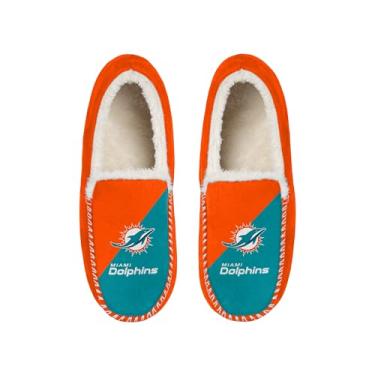 Imagem de FOCO Chinelo mocassim unissex unissex licenciado oficialmente com logotipo colorido block, forro sherpa, Miami Dolphins, 7-8 Women/5-6 Men