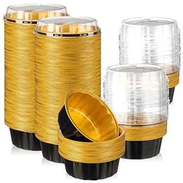 Imagem de 100 peças de ramekins descartáveis de 236 ml copos de alumínio com tampas, creme de alumínio brulee ramekins, forros de cupcake para assar formas descartáveis de muffin recipientes de cheesecake para festa (preto, dourado)