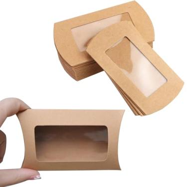 Imagem de Caixa de embalagem de mini travesseiro de papel kraft com janela transparente, caixa de presente para padaria, doces, chocolate, joias, lembrancinha de festa de casamento (tamanho médio, 16 x 7,2 x