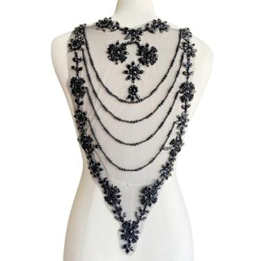 Imagem de Aplique de renda de strass feito à mão, costura, contas brilhantes, apliques de franja de cristal para roupas de vestido acessórios traseiros 25 x 53 cm (preto)