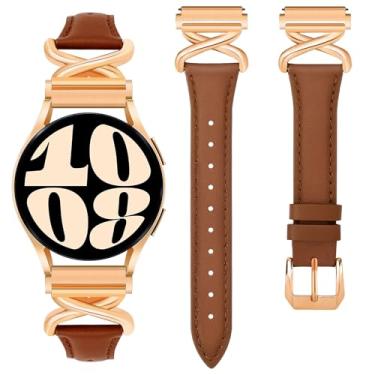 Imagem de JR.DM Pulseiras de couro femininas compatíveis com Samsung Galaxy Watch 6/5/4/Active 2 de 40 mm e 44 mm/Watch 6 Classic de 43 mm e 47 mm/Watch 5 Pro de 45 mm/Watch 4 Classic de 42 mm e 46 mm, fina de