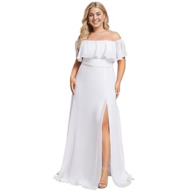 Imagem de Ever-Pretty Plus Vestidos de dama de honra femininos de verão de chiffon sem alças, ombro de fora, mangas curtas, divididos, semiformais, 00969-DAPH, Branco, 50