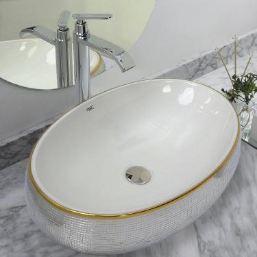 Imagem de Kit Cuba Pia Louça Cerâmica Banheiro C/Torn E Vál Cromada100