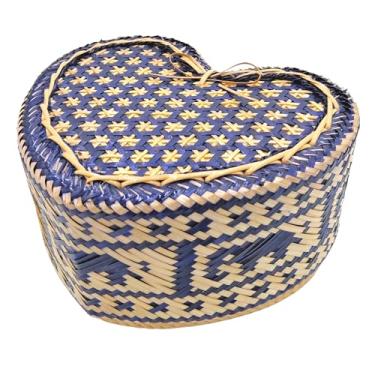 Imagem de Cesta de servir arroz pegajoso de bambu 15 x 13 cm, Kratip, recipiente intrincadamente tecido, em forma de coração, padrão de trama de elefante, azul, tailândia feito à mão (azul)