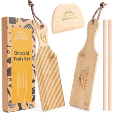 Imagem de Conjunto de tábuas de nhoque para enrolar massa – 2 pás, 2 rolos e 1 cortador, ferramentas modeladoras de massa de bambu, máquina de manteiga, rolo de cavarola Garganelli Cavatelli Tortellini (Gnocchi