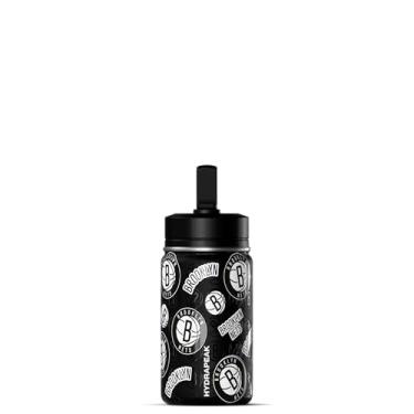 Imagem de Hydrapeak Garrafa de água infantil oficialmente licenciada pela NBA Brooklyn Nets de 400 ml com tampa de canudo e alça reutilizável, aço inoxidável, parede dupla, isolada, à prova de derramamento,