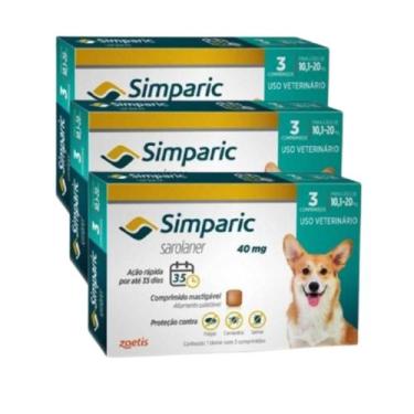 Imagem de Kit 3x Simparic antipulgas para Cães de 10,1 a 20Kg - 40mg - cx com 3 