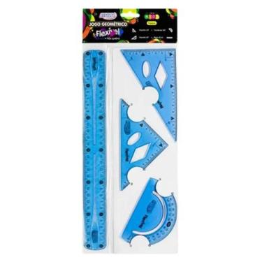 Imagem de Kit Régua Jogo Geométrico Flexível Não Quebra c/4 Peças Rosa/Azul - Br