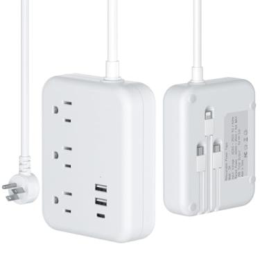 Imagem de Filtro de linha de viagem com 3 cabos embutidos, cabo de extensão de plugue plano com 3 tomadas, 6 portas USB, cabo de extensão plano de 1,5 m para viagem, cruzeiro, dormitório, escritório,