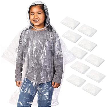 Imagem de Juvale Poncho infantil - Pacote com 10, tamanho único, transparente - Ponchos de chuva descartáveis de plástico para crianças com capuz - Capa de chuva de emergência a granel para crianças