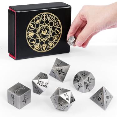 Imagem de Kabinka D&D Dice Set, 7Pcs Metal D&D Dice Polyhedral Dice Set com Caixa de Dados para RPG, Jogos de Tabuleiro (Prata Antiga)