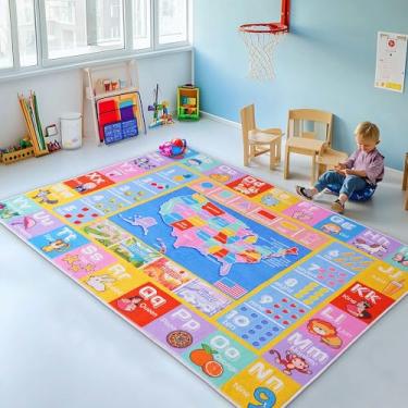 Imagem de OHDS Tapetes infantis para sala de jogos – Tapete educativo macio e antiderrapante de 1,2 x 1,5 m para aprender o alfabeto ABC, números, formas e mapas, tapete lavável para sala de aula para quarto de