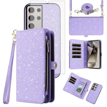 Imagem de Asuwish Capa de celular para Samsung Galaxy S24 Ultra 5G Carteira com zíper magnético destacável com protetor de tela e glitter flip porta-cartões com suporte para celular S24Ultra 24S S 24 24Ultra