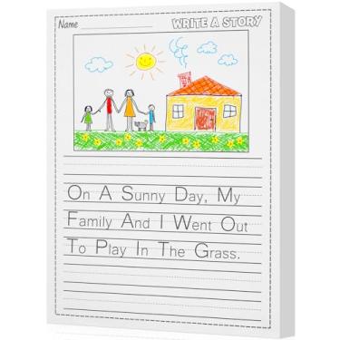 Imagem de 200 folhas de papel de escrita de jardim de infância para histórias infantis, caderno primário de volta às aulas em massa com espaço para imagem e linhas 21 x 28 centímetros papéis de caligrafia para