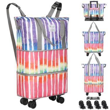 Imagem de VOOWO Bolsa esportiva com rodas – bolsa esportiva dobrável expansível com rodas para viagem, bolsa de transporte com rodas, mochila grande com rodinhas para homens e mulheres, Arco-íris, duffle