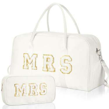Imagem de Bulyoou 2 peças de bolsa de viagem de casamento para noivos, noivos, letras de chenille, para presente de lua de mel (branca, senhora)