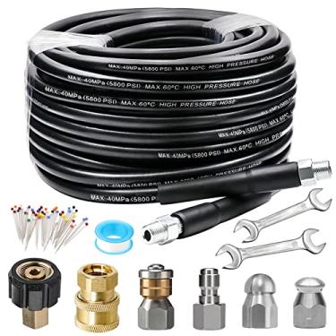 Imagem de Kit de jateador de esgoto para lavadora de pressão, mangueira de limpeza de drenagem 5800PSI 1/4 polegada NPT, canto, giratório e botão de esgoto de nariz com bico de jatear, fita à prova d'água, pino com 2 peças de chave inglesa