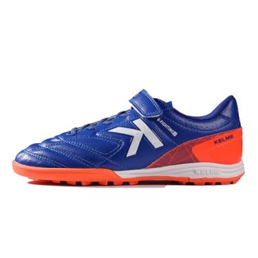 Imagem de KELME Chuteiras de futebol sem cadarço para jovens e crianças – Futsal ou grama para meninos/meninas – Botas de futebol de gancho e laço para ambientes internos ou externos, Azul/laranja, 11 Little