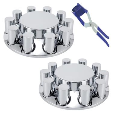 Imagem de Cabtherlyn Kits de tampa do eixo dianteiro de plástico cromado ABS com tampas de porca de flange de pressão de 33 mm para semi-caminhões em pares, 2 conjuntos