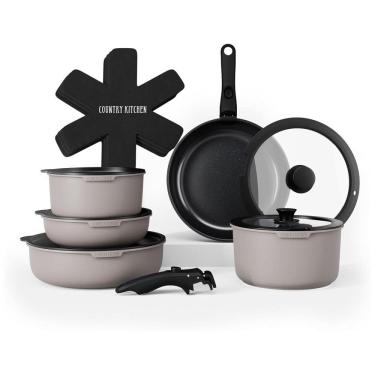 Imagem de Jogo de Panelas e Frigideiras, Material em Alumínio com 16 Peças e Cabo Removível, Country Kitchen, Cinza e Preto