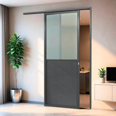 Imagem de Porta de Correr Suspensa 210x100cm Meia Lambril Meia Vidro Esq L.25 Cinza