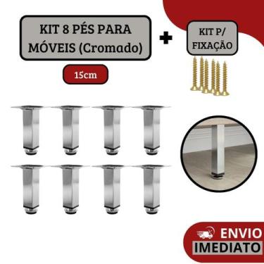 Imagem de Kit 8 Pé Para Móveis Armários Regulável Quadrado Cromado 15cm - HD Fer