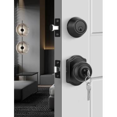 Imagem de goldenwarm Conjunto de fechadura externa e maçaneta de porta, maçaneta preta com fechadura para porta da frente, fechaduras de porta de entrada com chave e combinação de fechadura preto fosco