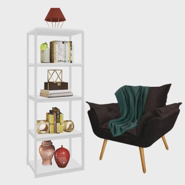 Imagem de Kit Poltrona Fatte com Manta Soft Verde e Estante Livreiro Ferro Branco mdf Branco Suede Marrom - Ahz Móveis
