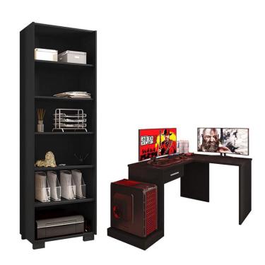 Imagem de Mesa para Computador Gamer drx 9000 com Extensora e Livreiro Office Preto Trama - Móveis Leão