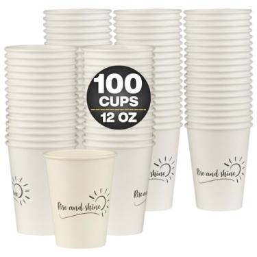 Imagem de Smygoods Copos de café de papel descartáveis de 340.2 g Rise and Shine, copos de bebidas quentes para café, chá, expresso, cacau – estilo branco e preto, pacote com 100