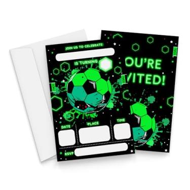 Imagem de Qiwog Neon Glow Convites de aniversário de futebol com envelopes - 20 peças convites de festa de aniversário esportivos infantis para meninos e meninas - Decorações de artigos de festa de aniversário