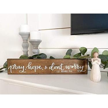 Imagem de Placas de madeira rústica Pray Hope Don't Worry | Citação Padre Pio | Placa de madeira rústica decoração de parede decoração de parede cozinha café pub presente 10 x 40 centímetros