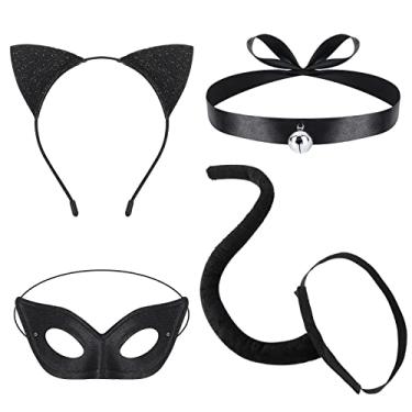 Imagem de Hifot Fantasia feminina de gato preto, faixa de cabeça de orelha de gato, capa de olho de gato, colar de anime, cosplay, fantasias para mulheres, baile de máscaras, vestido chique