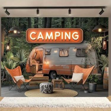 Imagem de Campismo Floresta Vintage Caravana Fotografia Fundo Gone Camping Fundo Feliz Camper Banner Camping & Tema Natureza Reutilizável Aventura Ao Ar Livre Cenário Decoração de Chá de Bebê (C, 1,5 x 0,9 m)