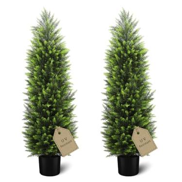 Imagem de HMASYO Topiária artificial de cedro de 1,2 m para ambientes externos, conjunto de 2 ciprestes falsos em vasos, plantas perenes falsas com folhas resistentes a UV para decoração de jardim, varanda