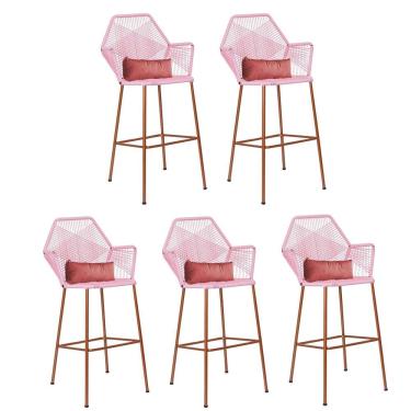 Imagem de Kit 05 Banqueta Alta Com Encosto Sttar Balcão Ferro Bronze Fibra Rosa Bebê Almofada Suede Rose Gold