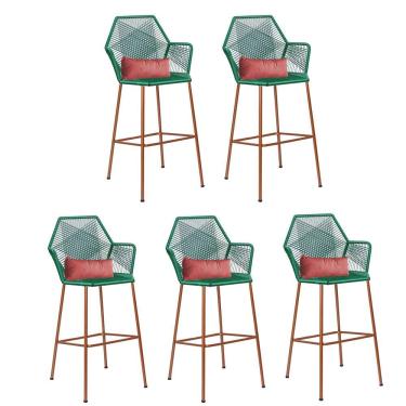 Imagem de Kit 05 Banqueta Alta Com Encosto Sttar Balcão Ferro Bronze Fibra Verde Almofada Suede Rose Gold