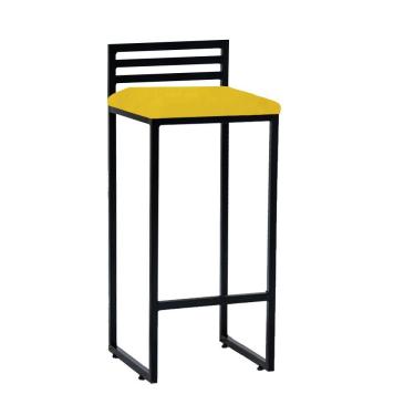 Imagem de Banqueta Alta Com Encosto Núria Balcão Bar Cozinha Bistrô Ferro Preto Suede Amarelo