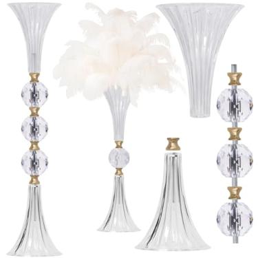 Imagem de VIJIV Vaso de trompete de acrílico de cristal para centros de mesa de casamento e decoração de casa - suporte de flores transparente de 63 cm com textura canelada, detalhes dourados, vaso de mesa/chão