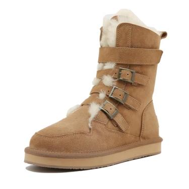 Imagem de Mel&Syd Botas De Neve Pele Carneiro Para Mulheres, Cano Médio, Masculinas, Sem Cadarço, Couro Legítimo Combate, Clássico, Cadarço/Gancho, Fivela Ajustável, Pele, Sapatos Inverno, Botinhas Cáqui, 8#