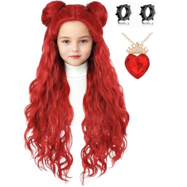 Imagem de AMZCOS Fantasia Infantil Com Peruca E Coque, Colar Vermelho, Brincos, Perucas Longas Onduladas Para Meninas, Cosplay De Halloween