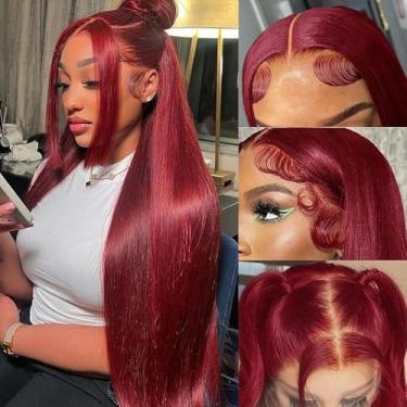 Imagem de KINCYDU 13X4 Borgonha Hd Lace Front Wigs 28" Cor Vinho Vermelho Natural Reto Frontal Peruca Pré-Selecionada Com Cabelo De Bebê 200% Densidade Fibra Sintética Resistente Ao Calor Para Mulheres Negras
