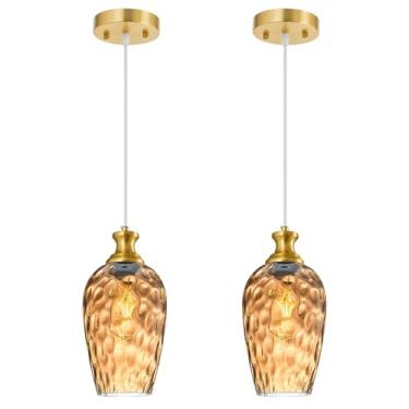 Imagem de LBSQJ Luminárias Pendentes De Vidro Para Ilha Cozinha, Pacote Com 2 Unidades, 5,9" Âmbar, Luz Martelada, Dourada, Iluminação Sobre A Pia, Luminária Moderna Quarto, Sala Jantar, Suspensa